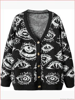 Plus Size Button Down Eye Print Goth Cardigan Grunge Punk Sweater